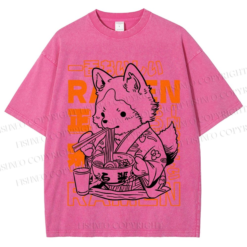 Unisex Vintage Japanese Fox Eating Ramen Printed Washed Tee
