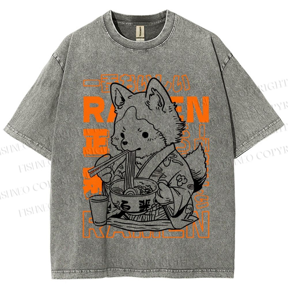 Unisex Vintage Japanese Fox Eating Ramen Printed Washed Tee