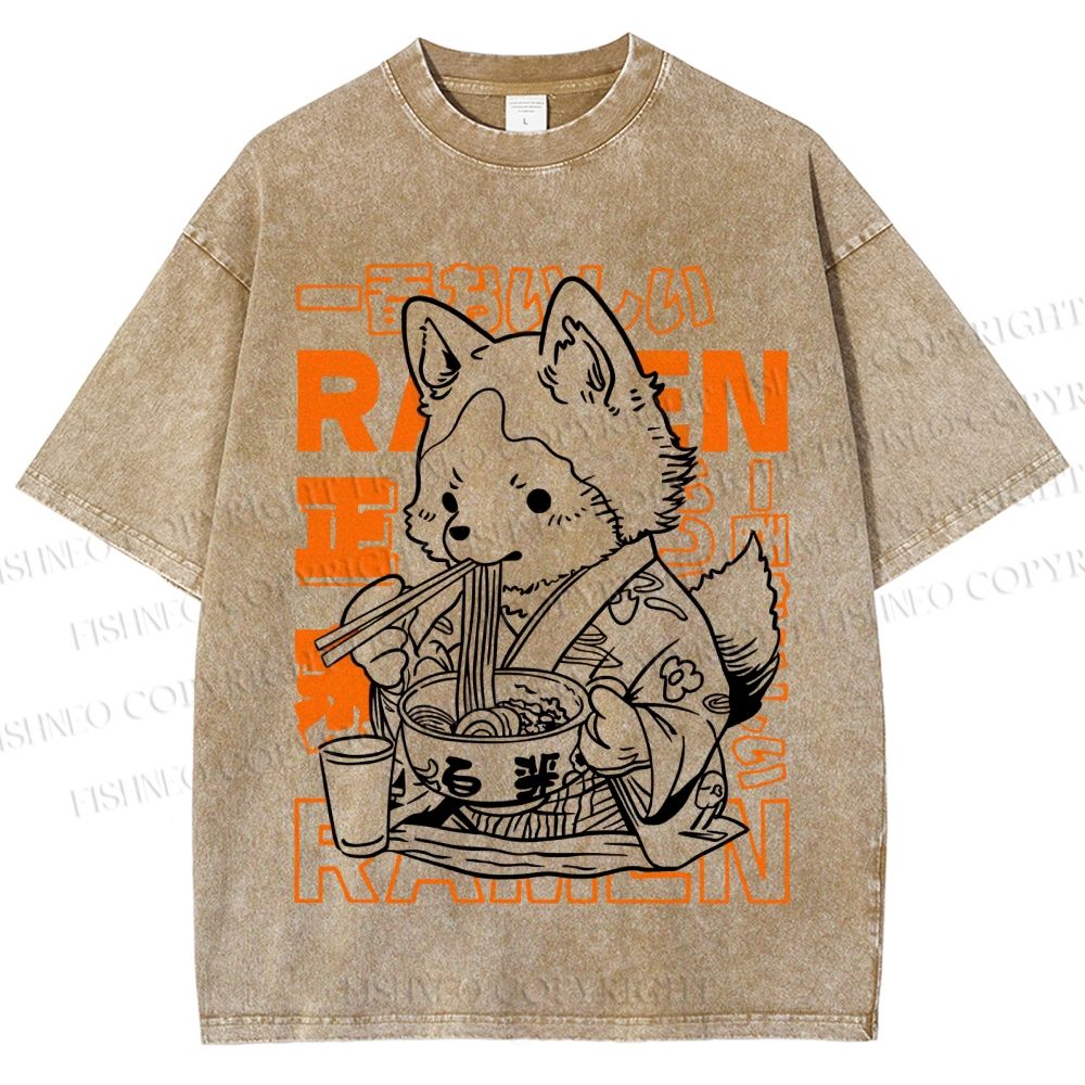 Unisex Vintage Japanese Fox Eating Ramen Printed Washed Tee