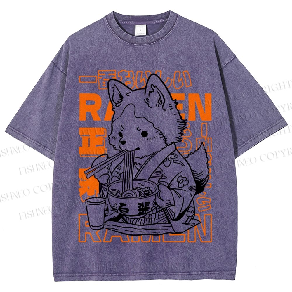 Unisex Vintage Japanese Fox Eating Ramen Printed Washed Tee