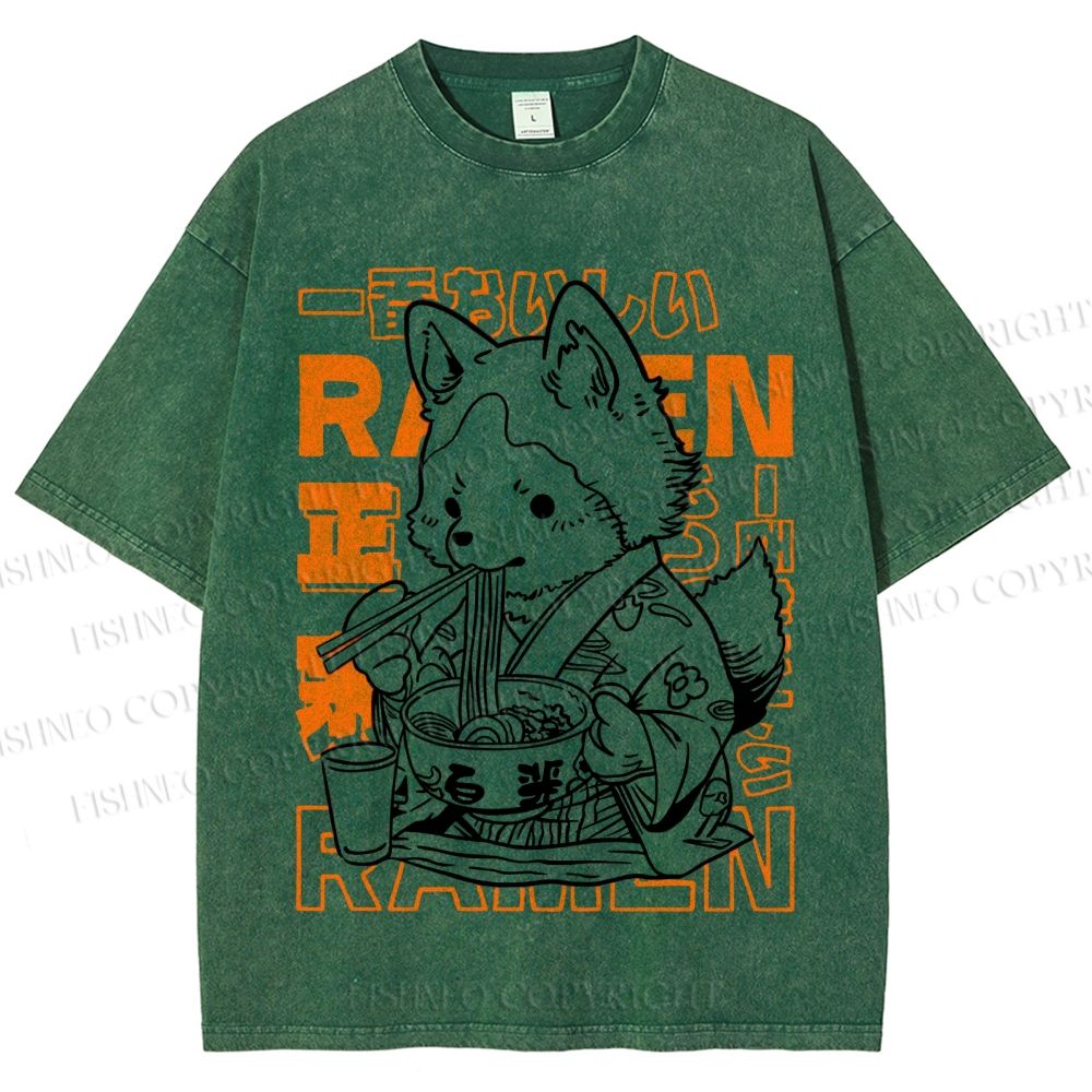 Unisex Vintage Japanese Fox Eating Ramen Printed Washed Tee