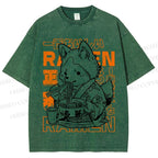 Unisex Vintage Japanese Fox Eating Ramen Printed Washed Tee