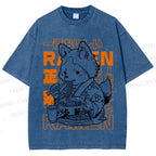 Unisex Vintage Japanese Fox Eating Ramen Printed Washed Tee