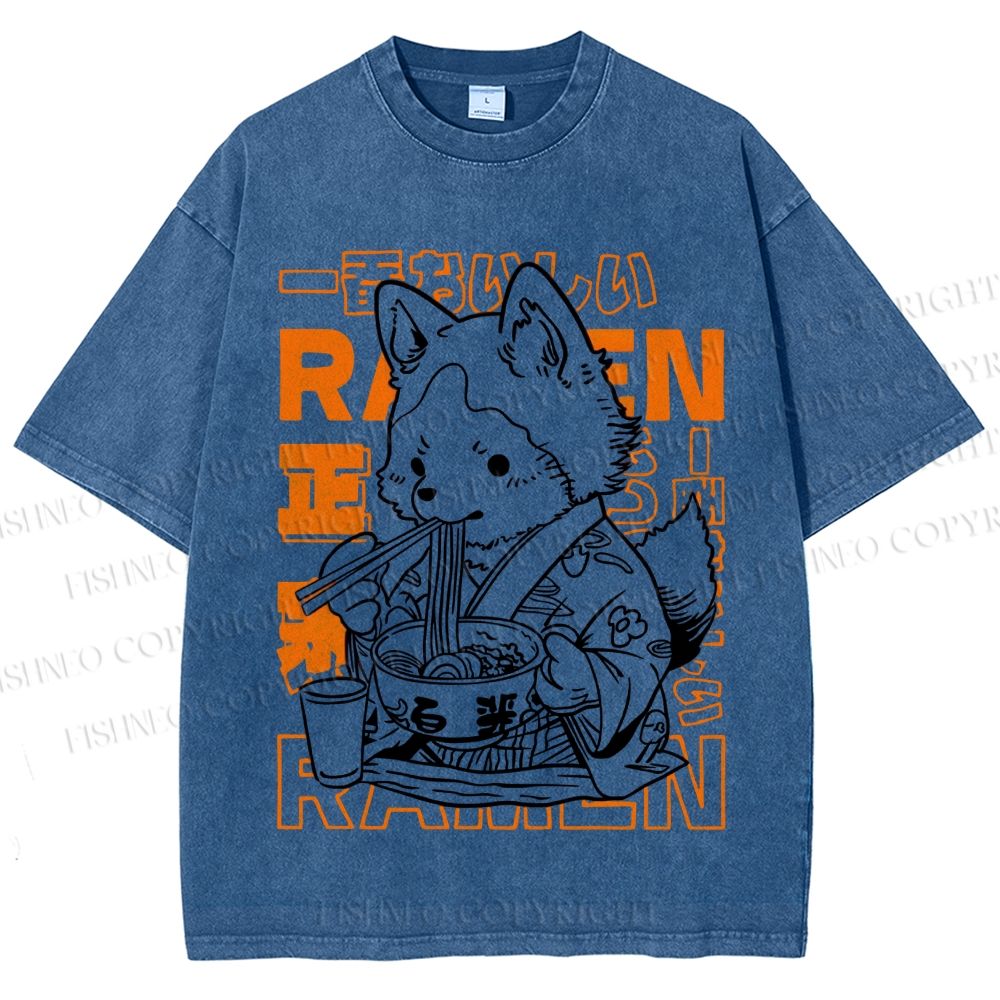 Unisex Vintage Japanese Fox Eating Ramen Printed Washed Tee