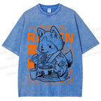 Unisex Vintage Japanese Fox Eating Ramen Printed Washed Tee