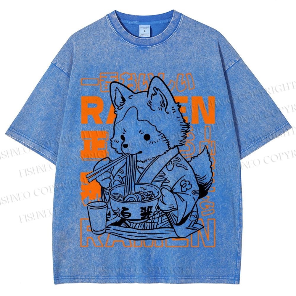 Unisex Vintage Japanese Fox Eating Ramen Printed Washed Tee