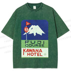 Unisex Vintage Japanese Mount Fuji Printed Washed Tee