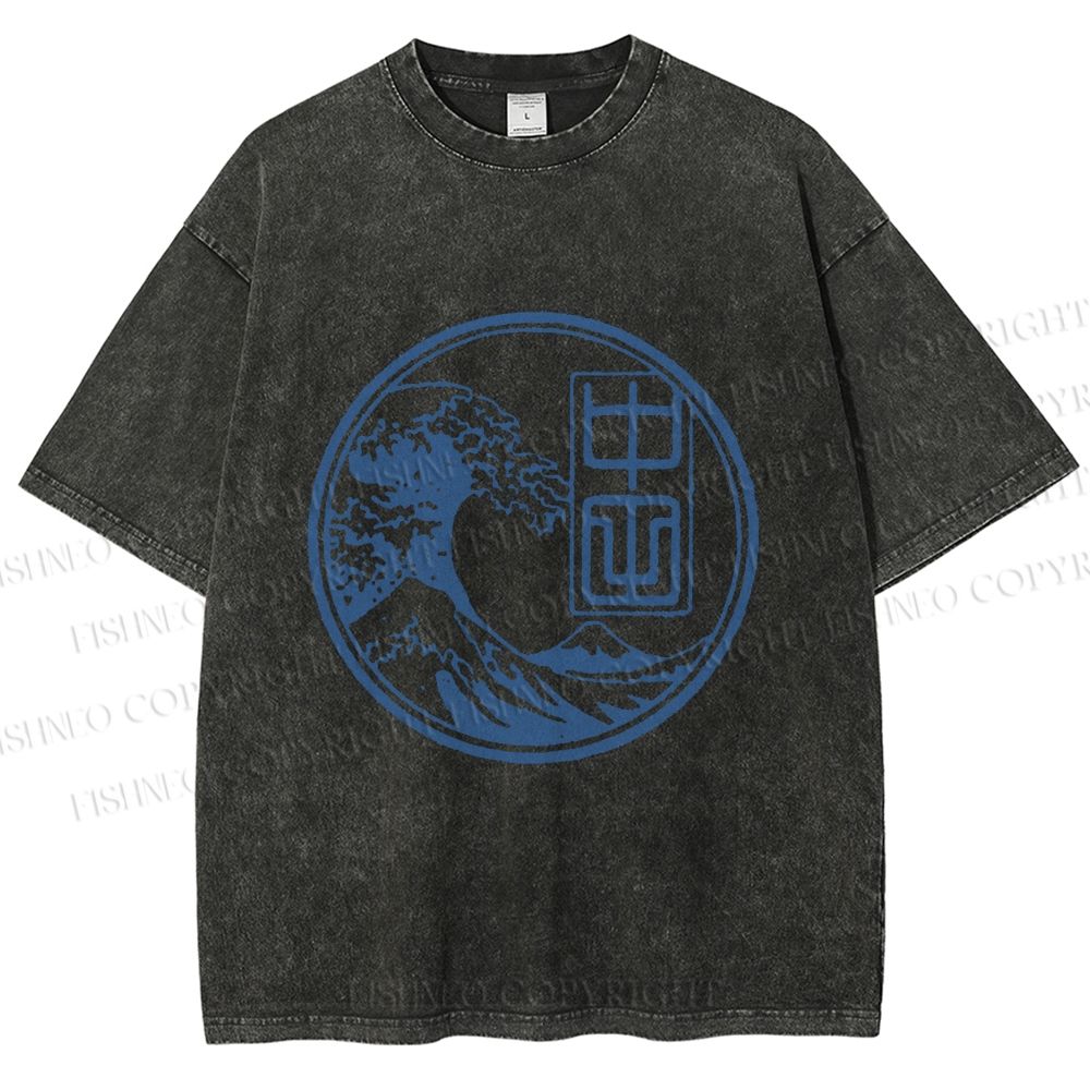 Unisex Vintage Japanese Wave Printed Washed Tee