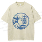Unisex Vintage Japanese Wave Printed Washed Tee
