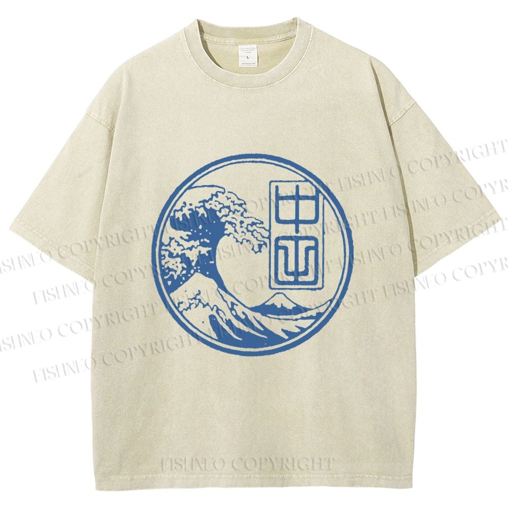 Unisex Vintage Japanese Wave Printed Washed Tee