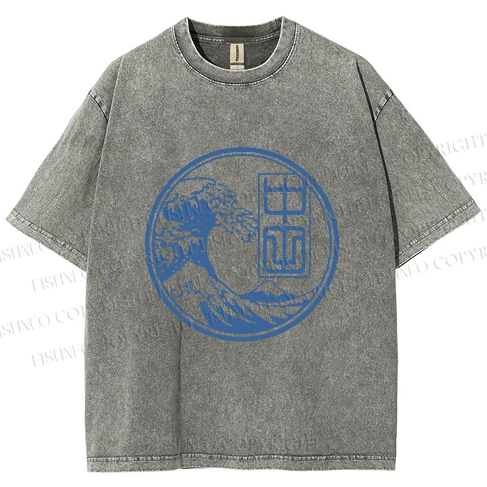 Unisex Vintage Japanese Wave Printed Washed Tee