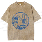 Unisex Vintage Japanese Wave Printed Washed Tee