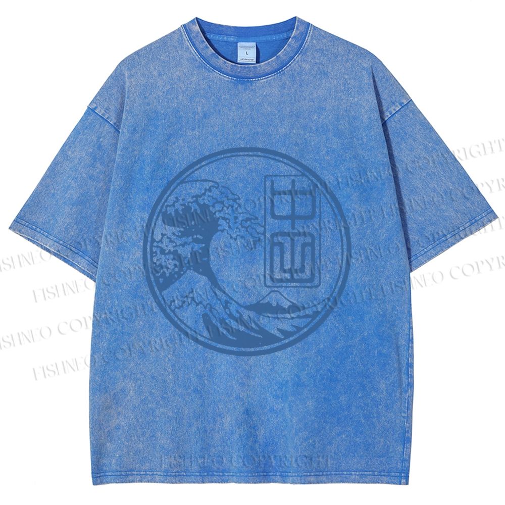 Unisex Vintage Japanese Wave Printed Washed Tee