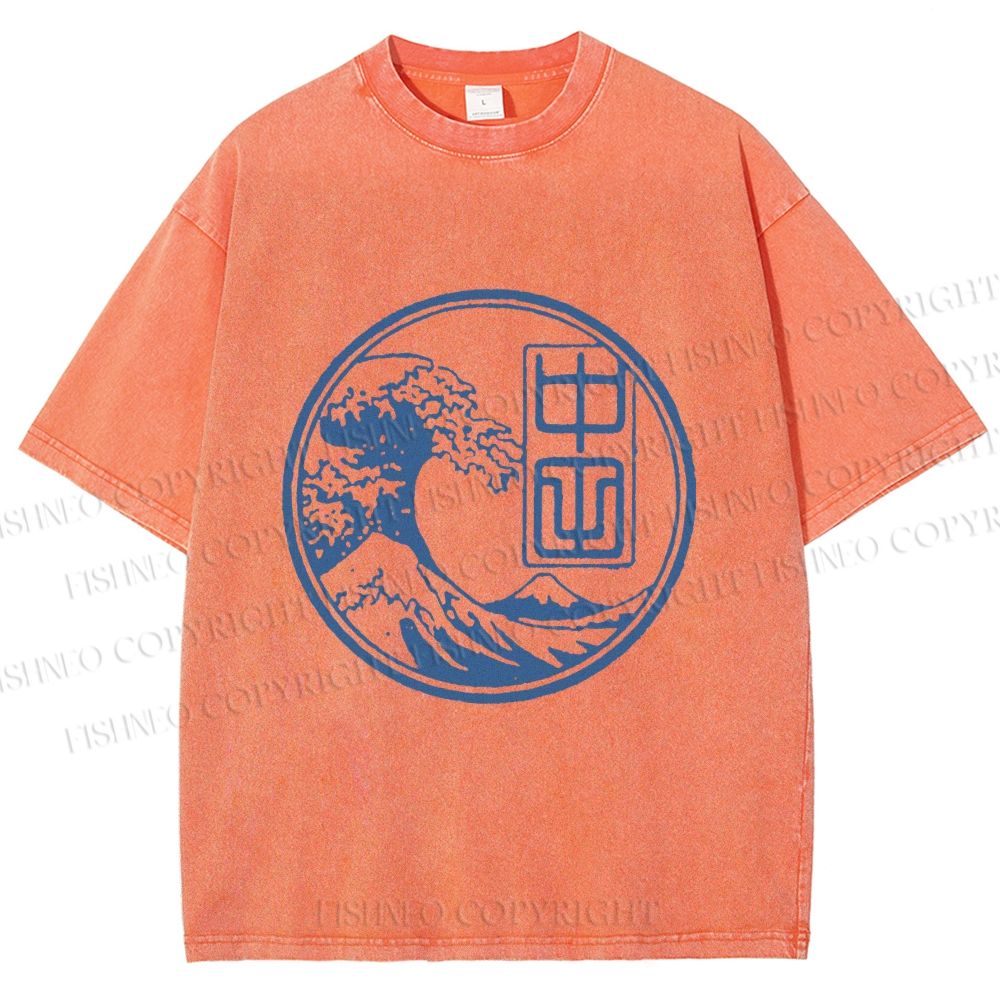 Unisex Vintage Japanese Wave Printed Washed Tee