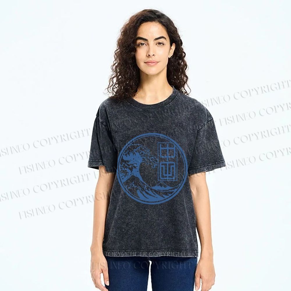 Unisex Vintage Japanese Wave Printed Washed Tee