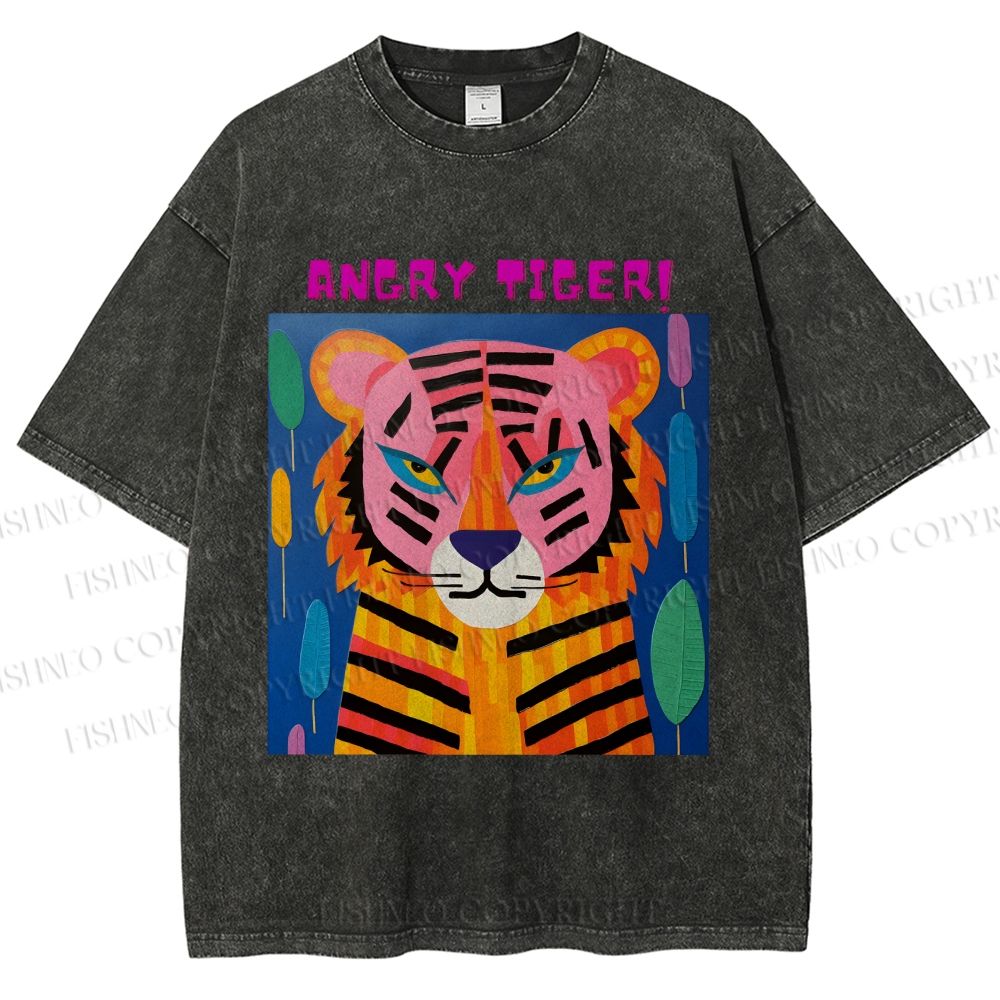 Unisex Angry Tiger Printed Washed Tee