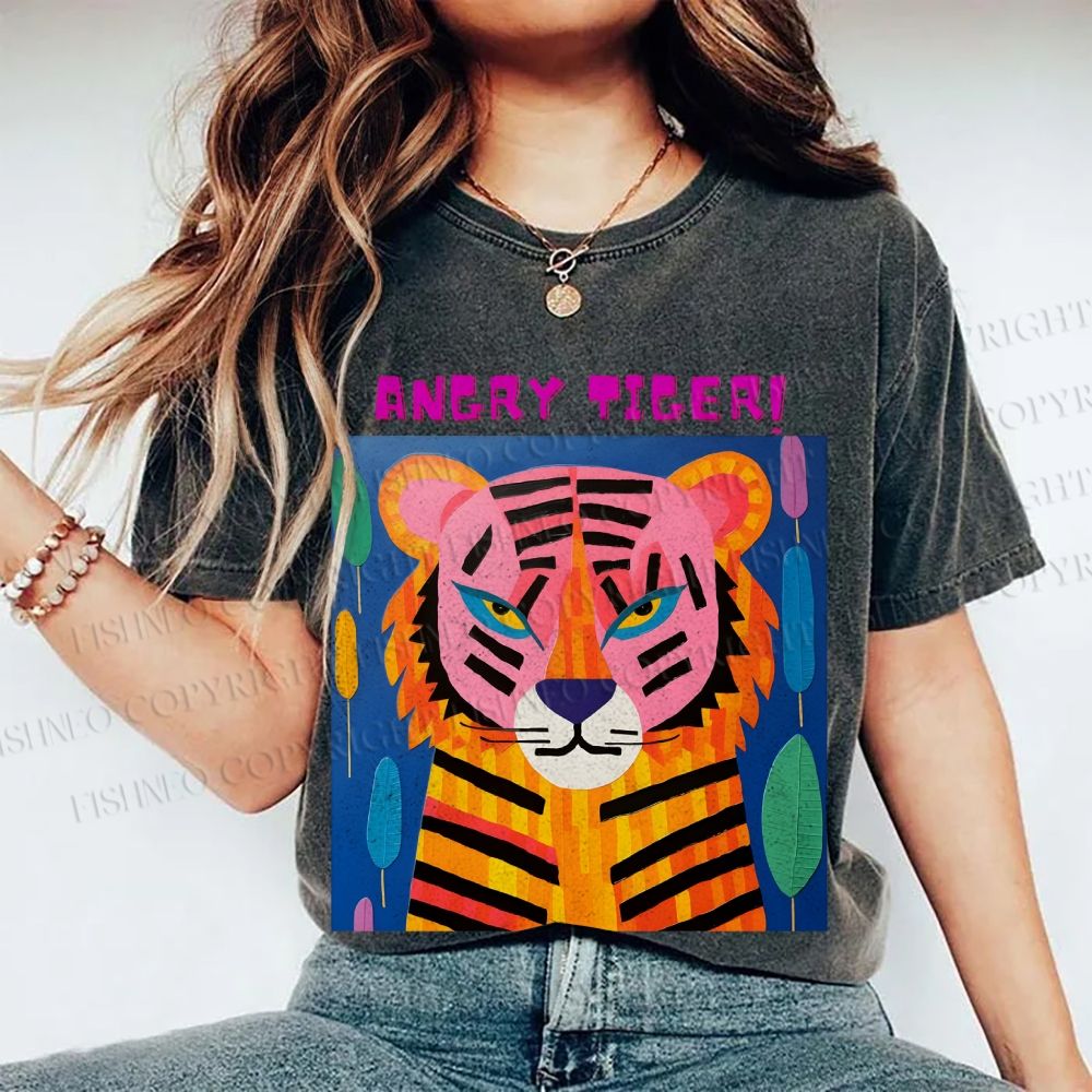 Unisex Angry Tiger Printed Washed Tee