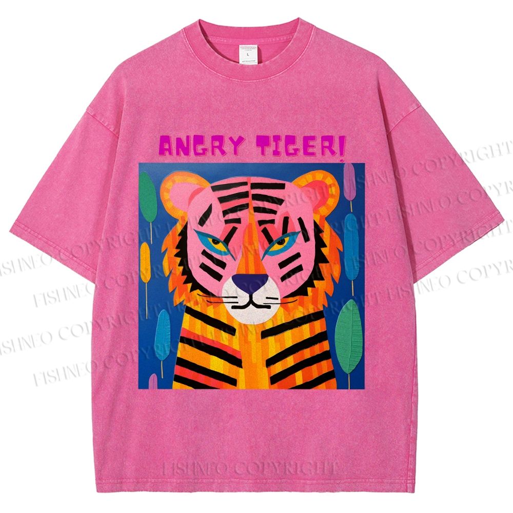Unisex Angry Tiger Printed Washed Tee
