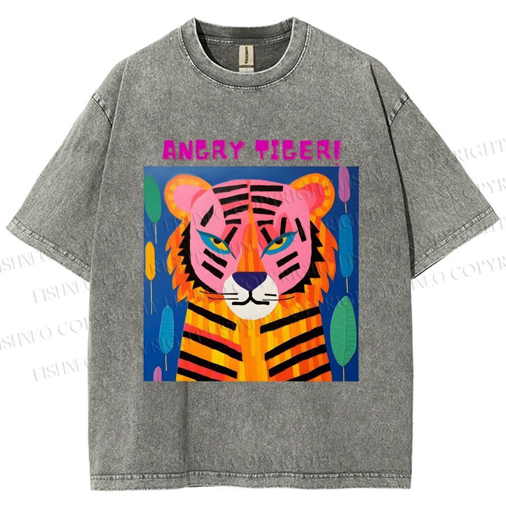 Unisex Angry Tiger Printed Washed Tee