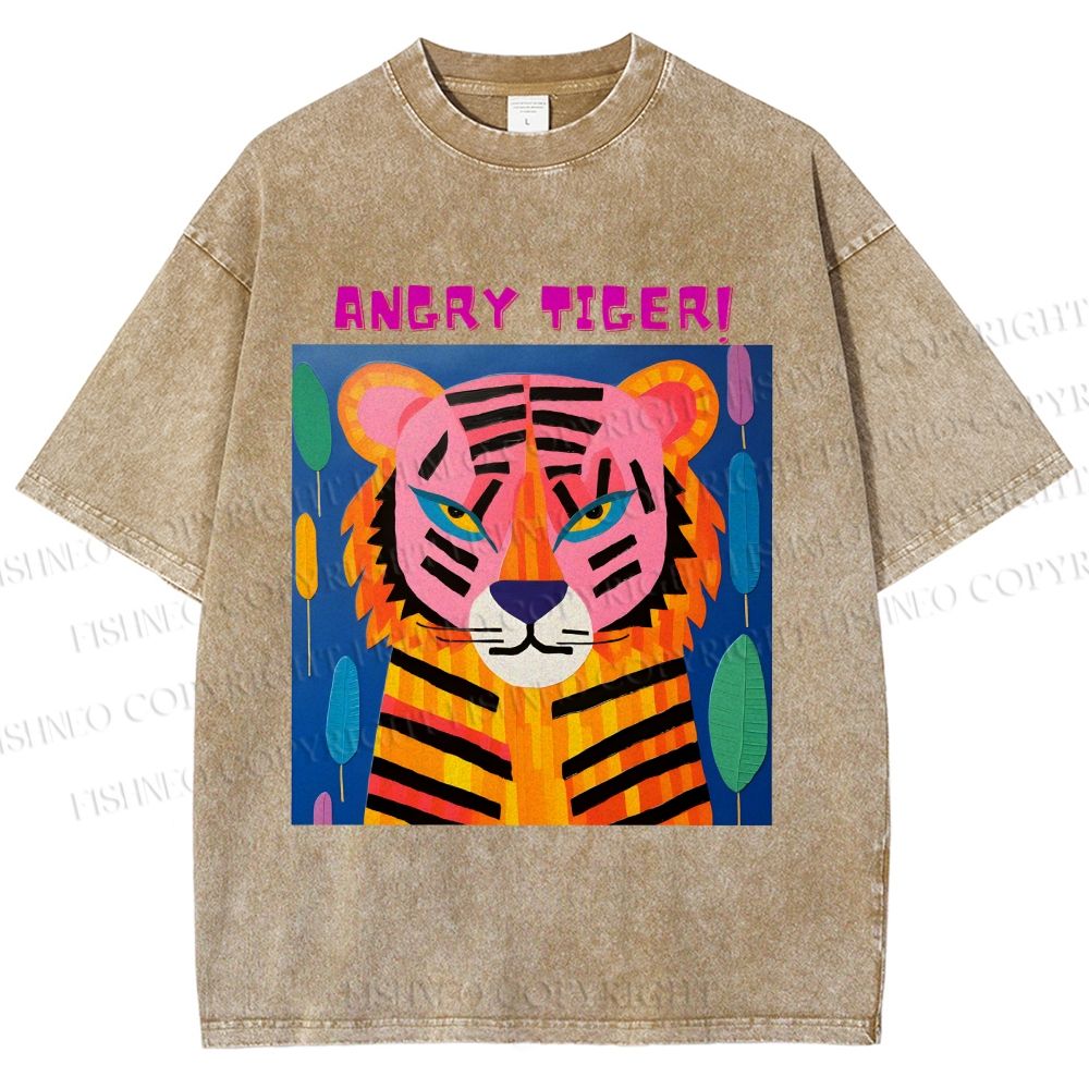Unisex Angry Tiger Printed Washed Tee