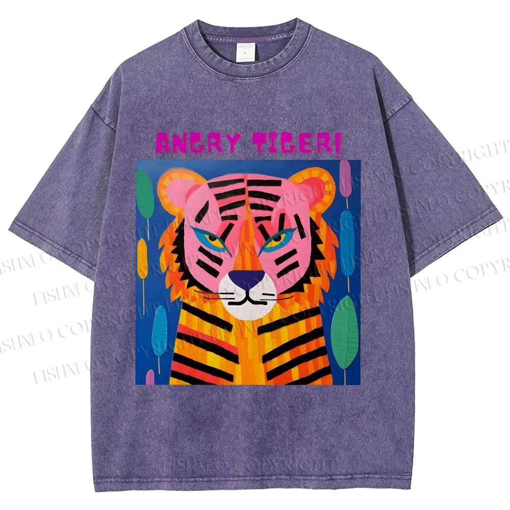 Unisex Angry Tiger Printed Washed Tee