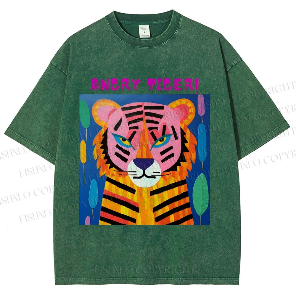 Unisex Angry Tiger Printed Washed Tee