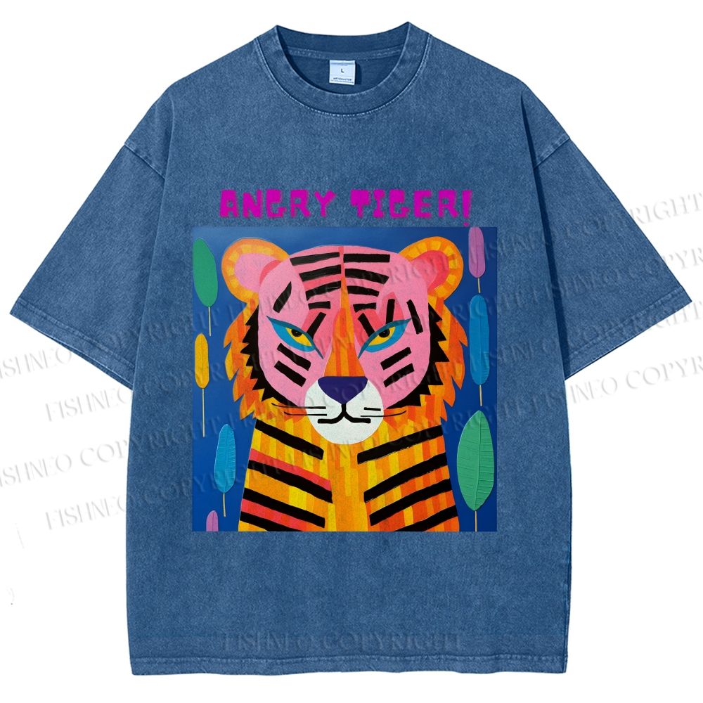 Unisex Angry Tiger Printed Washed Tee