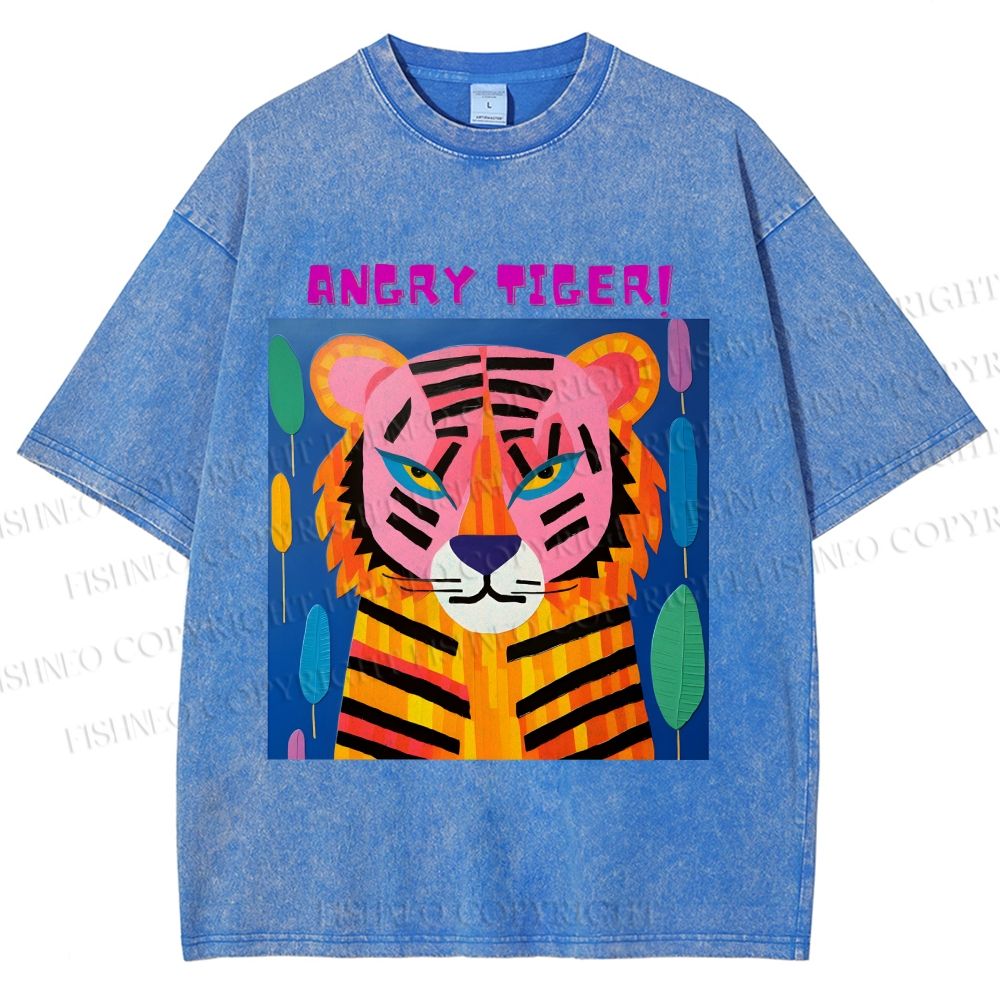 Unisex Angry Tiger Printed Washed Tee