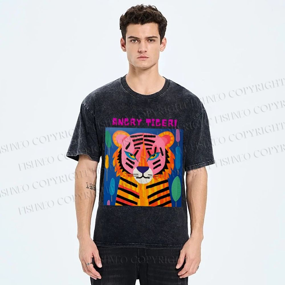 Unisex Angry Tiger Printed Washed Tee