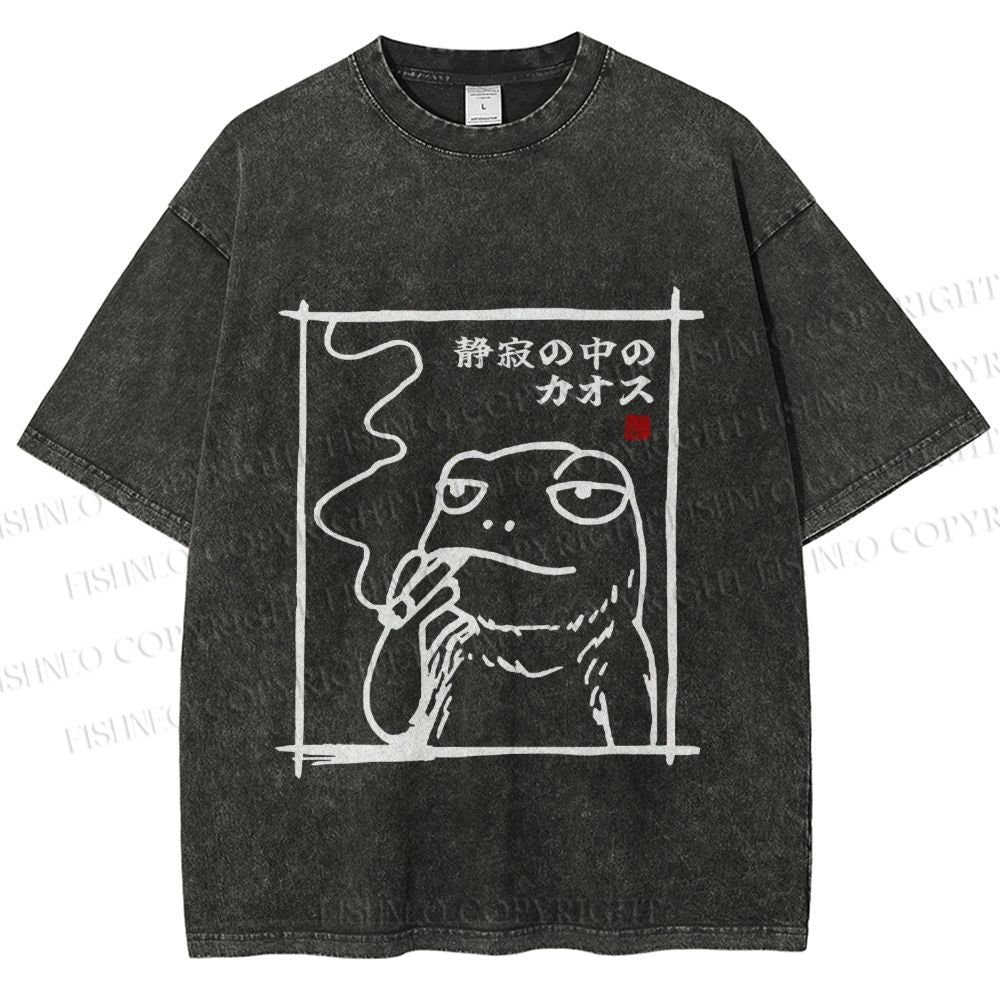 Unisex Vintage Japanese Frog Smoking Printed Washed Tee