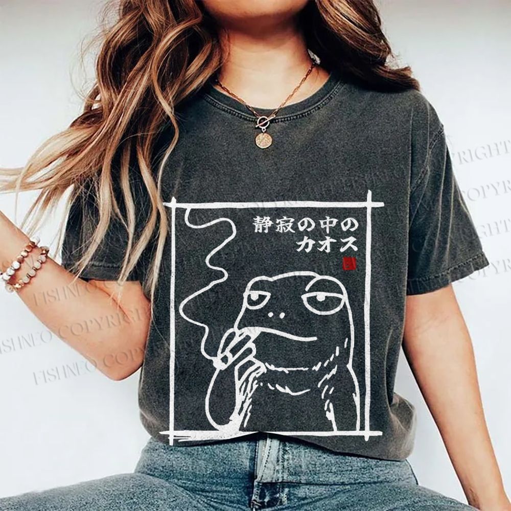 Unisex Vintage Japanese Frog Smoking Printed Washed Tee