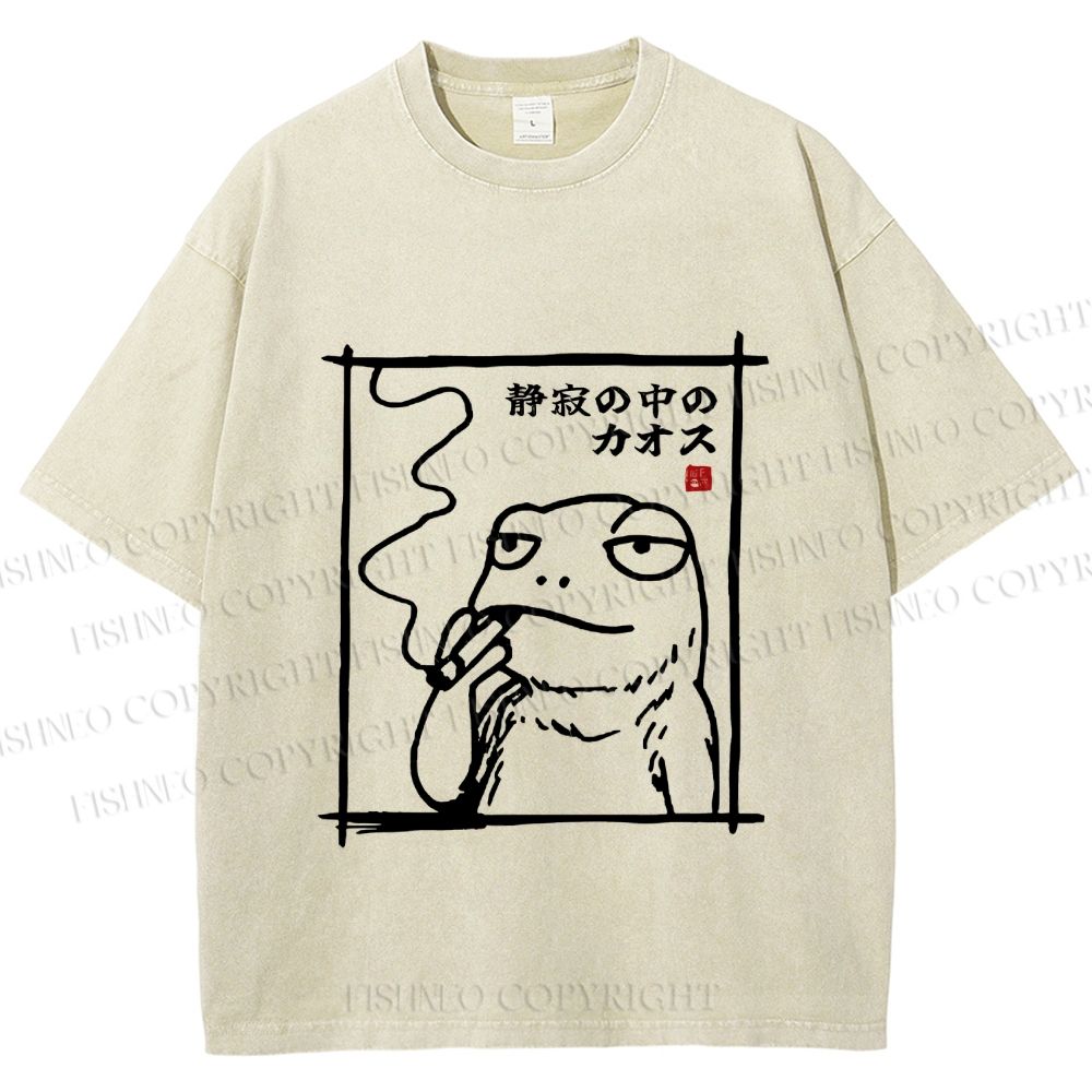 Unisex Vintage Japanese Frog Smoking Printed Washed Tee