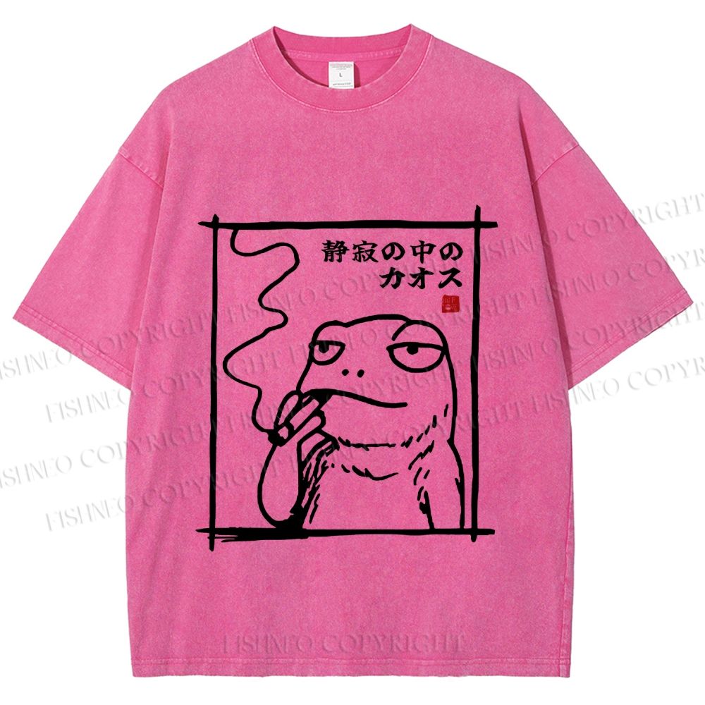 Unisex Vintage Japanese Frog Smoking Printed Washed Tee