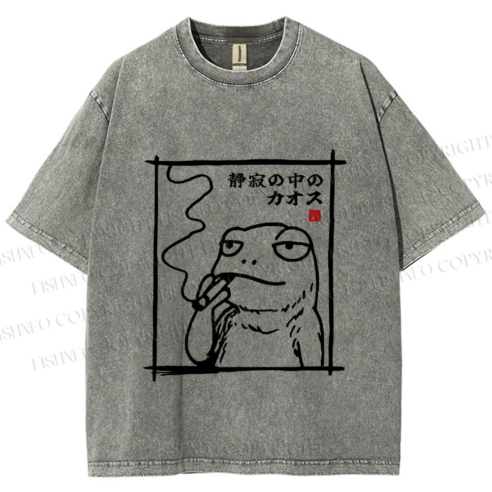 Unisex Vintage Japanese Frog Smoking Printed Washed Tee