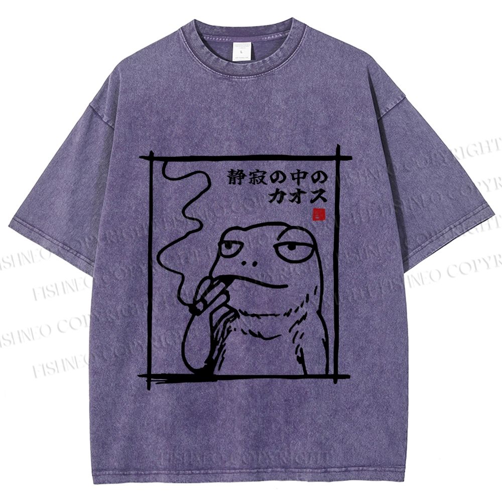 Unisex Vintage Japanese Frog Smoking Printed Washed Tee