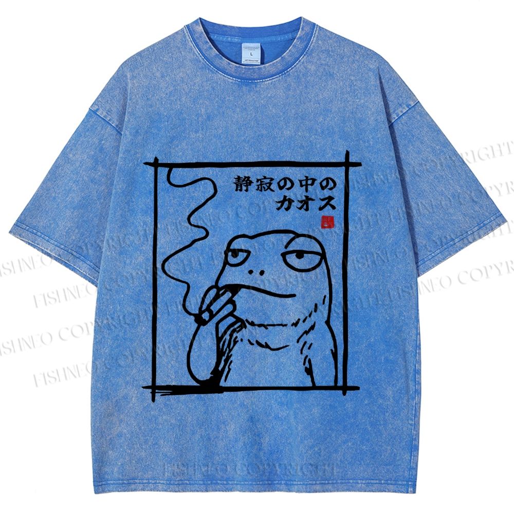 Unisex Vintage Japanese Frog Smoking Printed Washed Tee