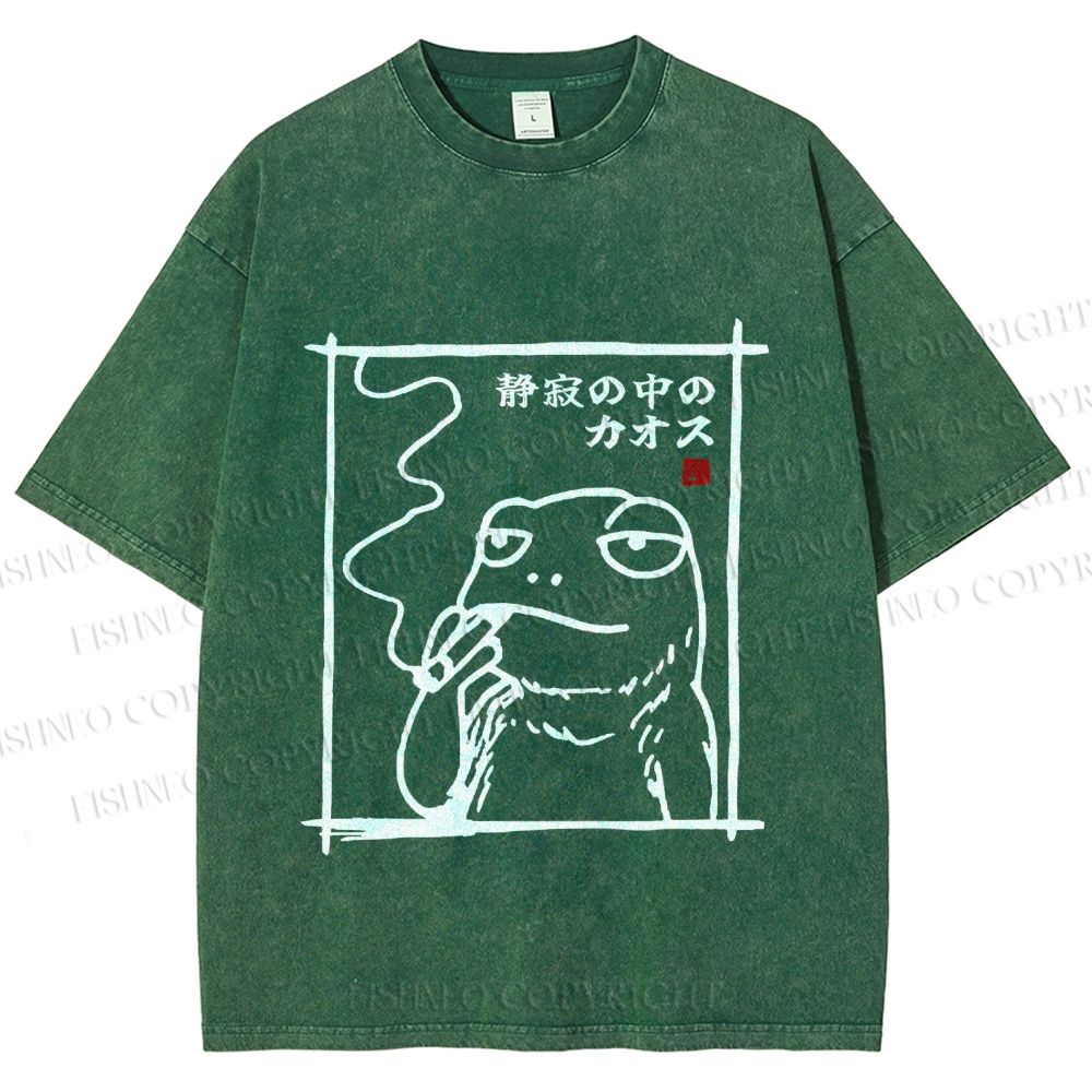 Unisex Vintage Japanese Frog Smoking Printed Washed Tee