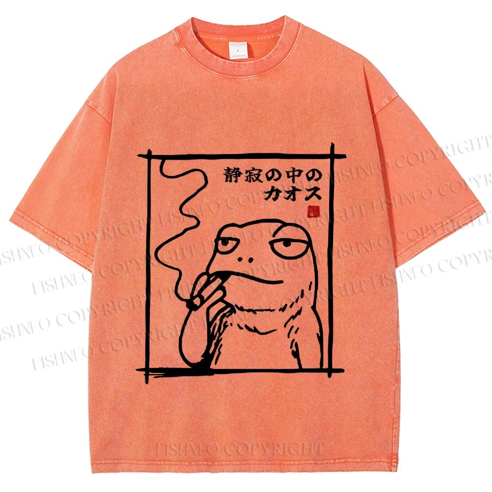 Unisex Vintage Japanese Frog Smoking Printed Washed Tee