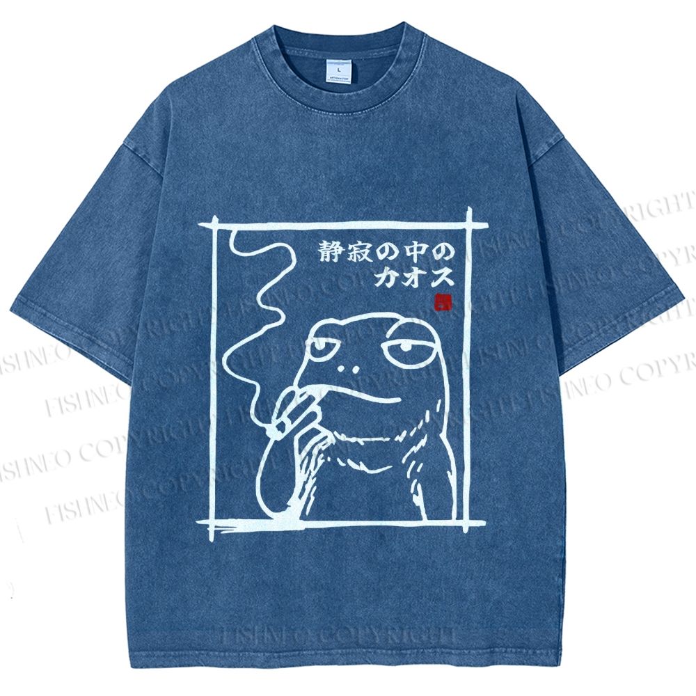Unisex Vintage Japanese Frog Smoking Printed Washed Tee