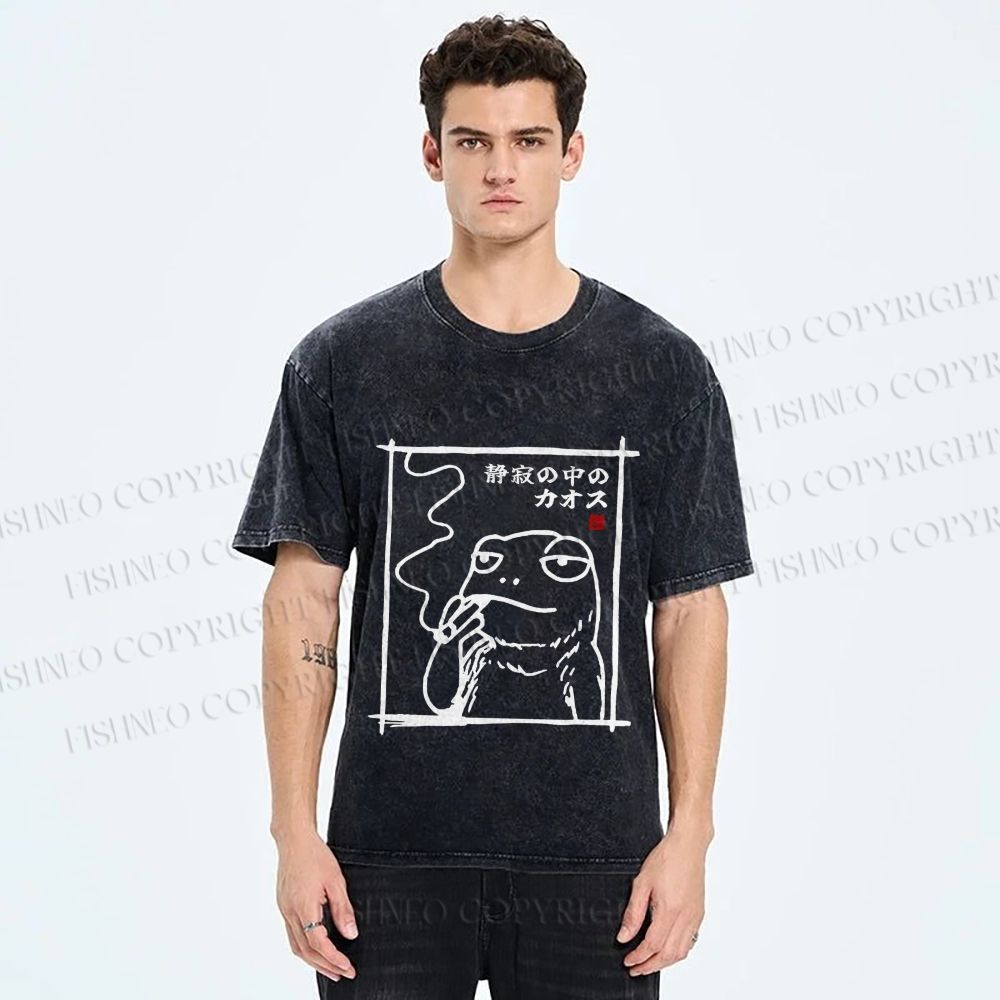 Unisex Vintage Japanese Frog Smoking Printed Washed Tee
