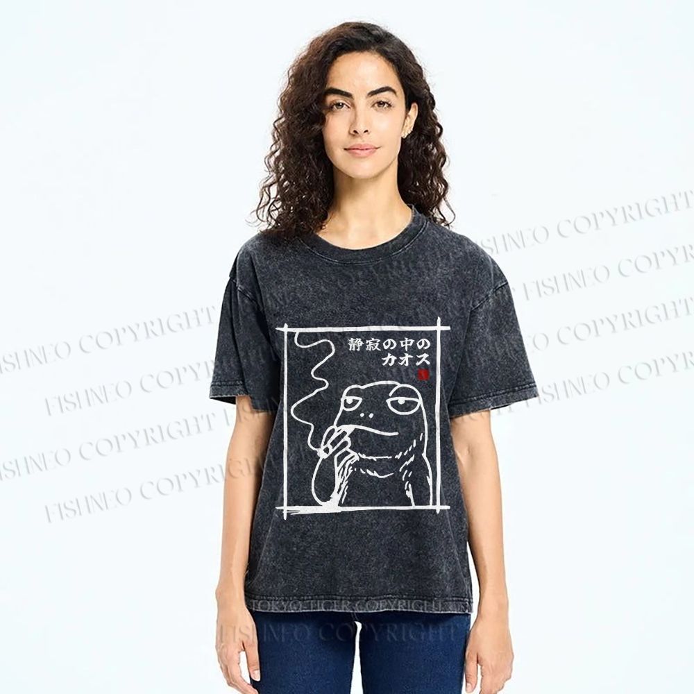 Unisex Vintage Japanese Frog Smoking Printed Washed Tee