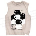 Unisex Vintage Japanese Bird Printed Washed Tank Top