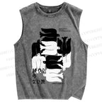 Unisex Vintage Japanese Bird Printed Washed Tank Top