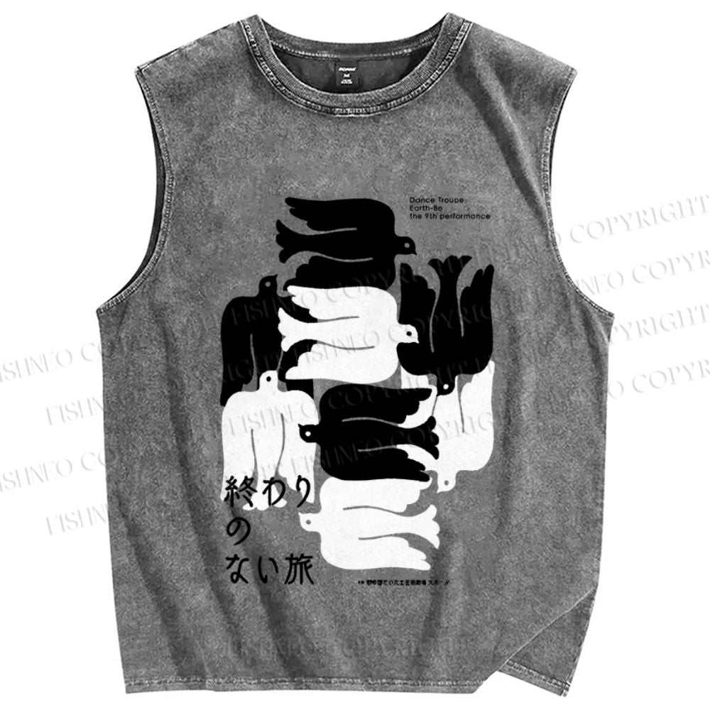 Unisex Vintage Japanese Bird Printed Washed Tank Top