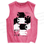 Unisex Vintage Japanese Bird Printed Washed Tank Top