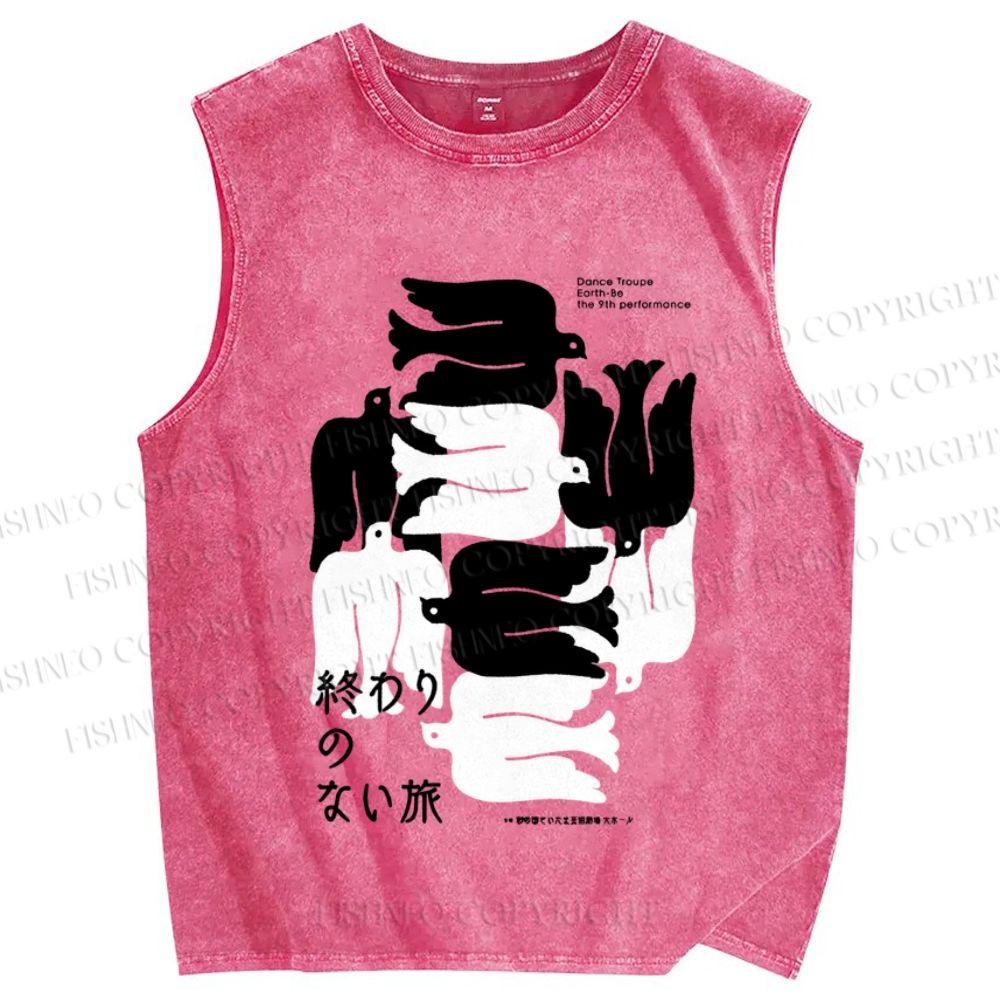Unisex Vintage Japanese Bird Printed Washed Tank Top