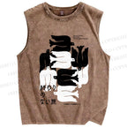 Unisex Vintage Japanese Bird Printed Washed Tank Top