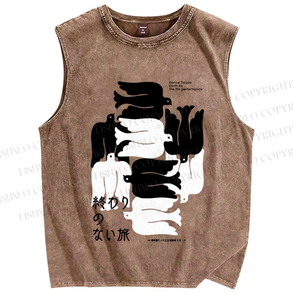 Unisex Vintage Japanese Bird Printed Washed Tank Top