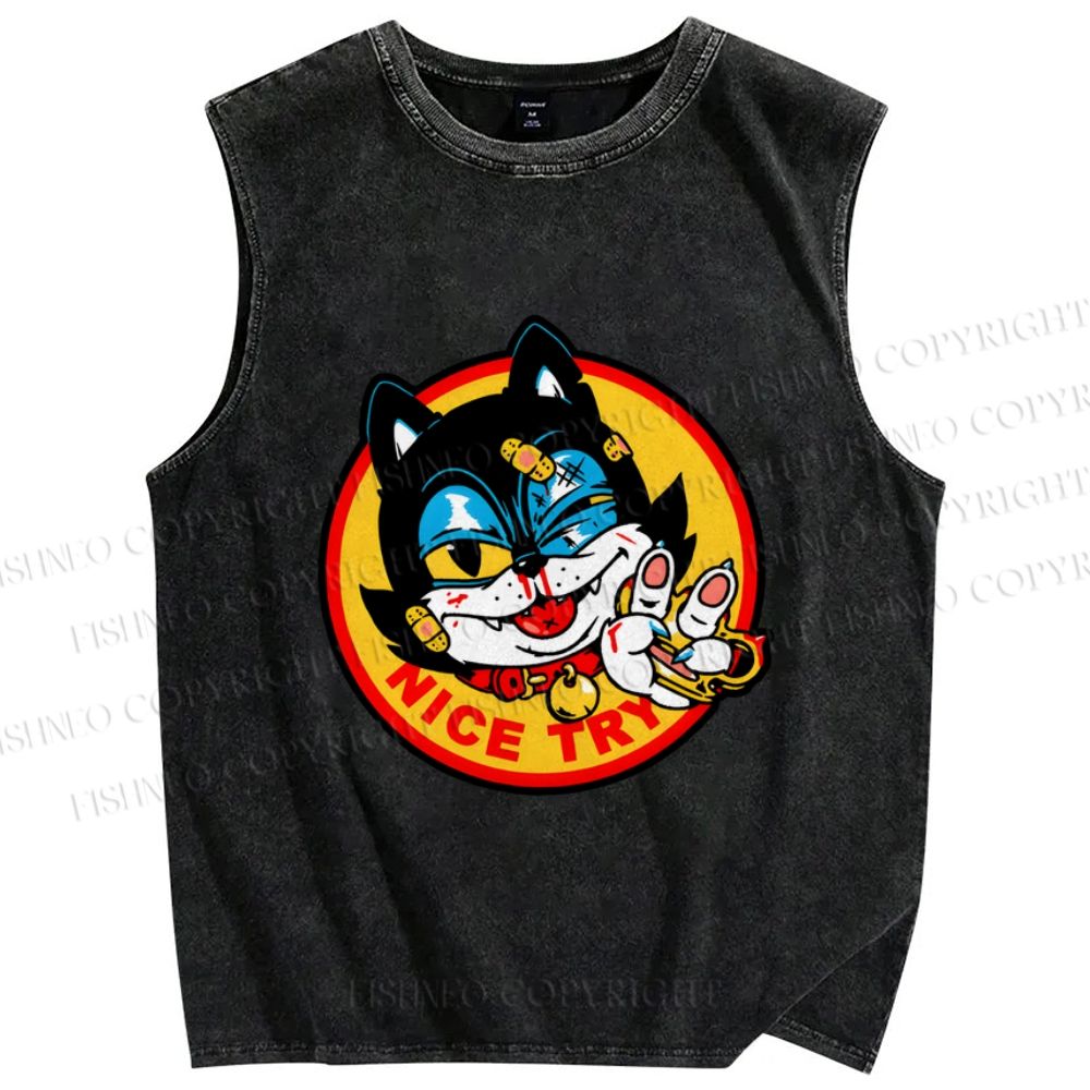 Unisex Cartoon Cat Nice Try Printed Washed Tank Top