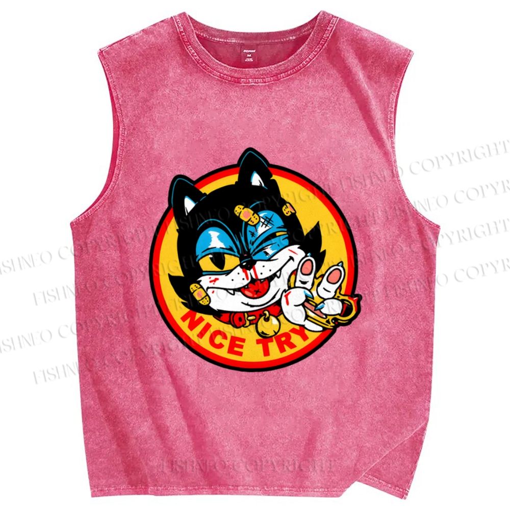 Unisex Cartoon Cat Nice Try Printed Washed Tank Top